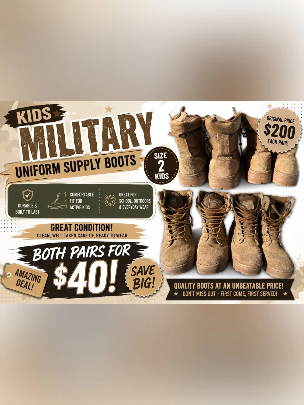 Kids Tactical Lace-Up Boots in Brown - Durable Everyday Footwear